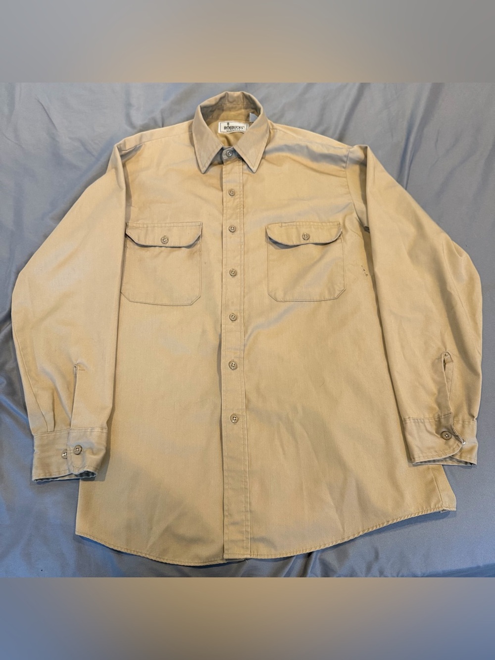 Vintage‎ Sears Shirt Mens Large Beige Button Up Roebucks Work Made In USA